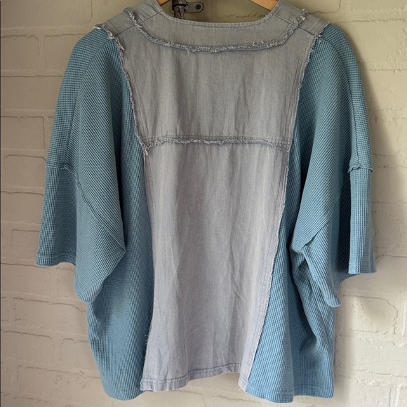 POL distressed shirt short sleeve waffle knit raw hem oversized blue grunge - Picture 4 of 5